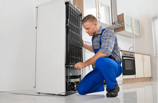 appliance repairman behind refrigerator